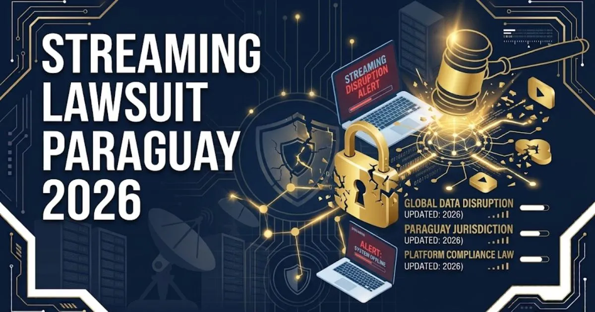 Streaming lawsuit Paraguay 2026 hero banner with gavel striking digital network grid in navy and gold