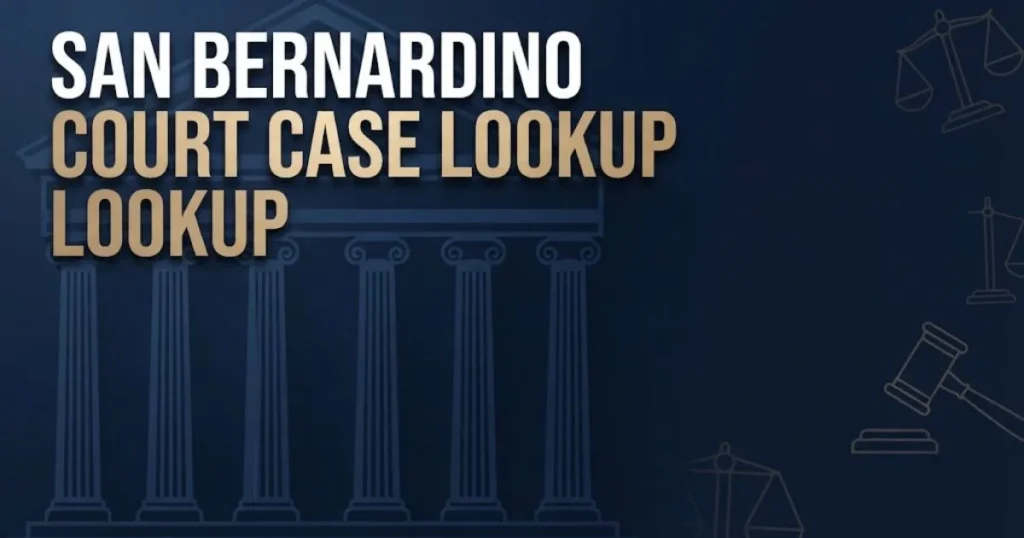 Stylized courthouse banner with san bernardino court case lookup headline in navy and gold editorial design