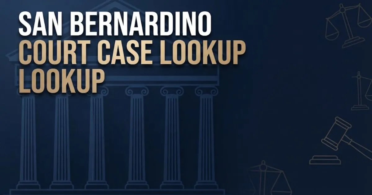 Stylized courthouse banner with san bernardino court case lookup headline in navy and gold editorial design