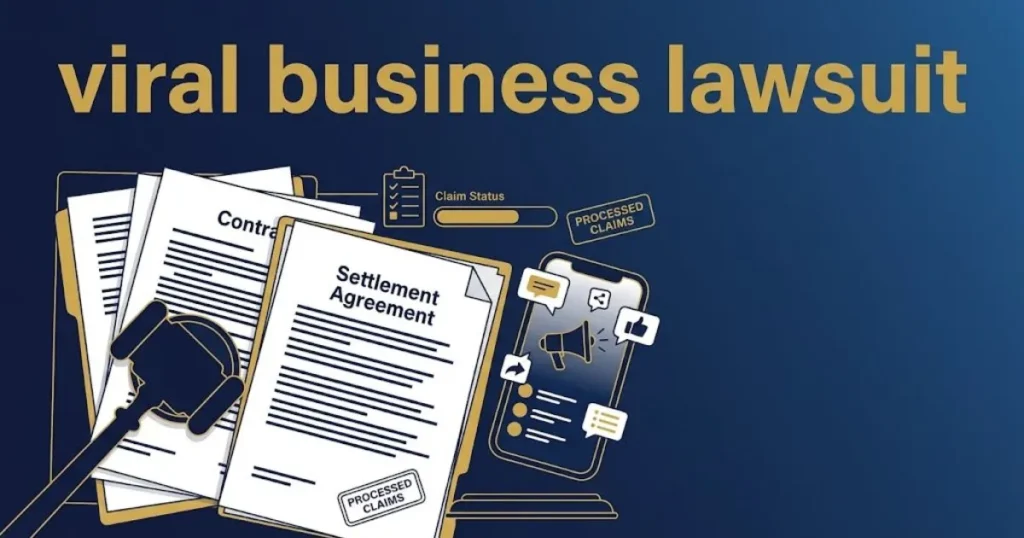 Stylized legal documents and smartphone icons with viral business lawsuit title text in navy white and gold editorial design