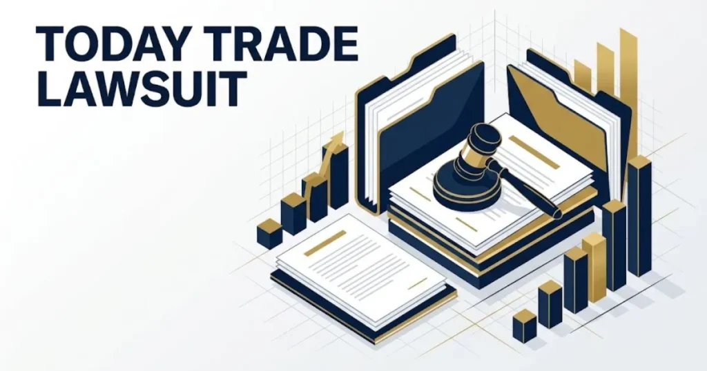 Supporting graphic displaying today trade lawsuit title with legal documents and settlement chart icons in navy and gold