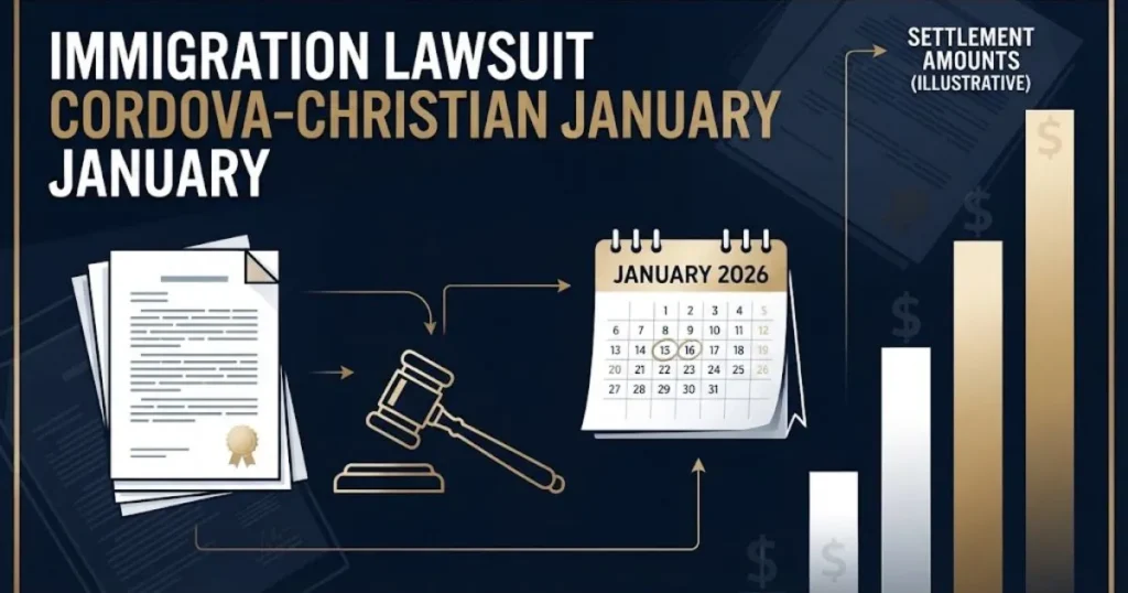 Supporting graphic for immigration lawsuit cordova-christian january showing legal documents and calendar on dark navy background