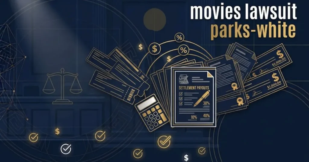 Supporting graphic for movies lawsuit parks-white showing stylized ticket stubs and settlement documents on navy background with gold text