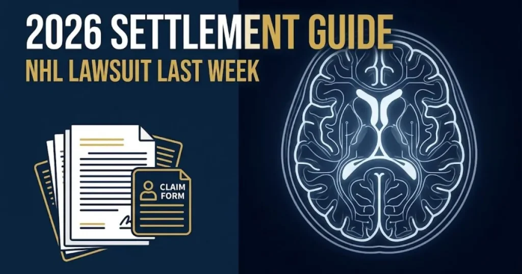 Supporting graphic for nhl lawsuit last week showing claim documents and brain scan silhouette on navy background