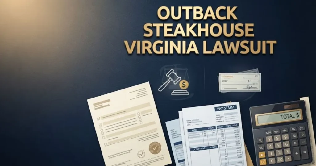 Supporting graphic for outback steakhouse virginia lawsuit showing legal documents and wage claim icons on navy desk