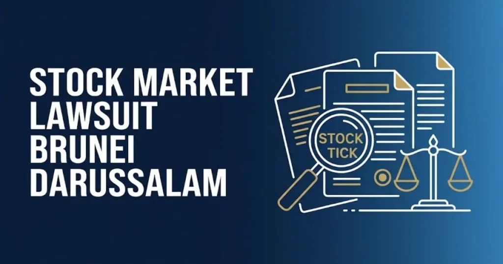 Supporting graphic for stock market lawsuit brunei darussalam article showing legal documents and financial icons in navy and gold