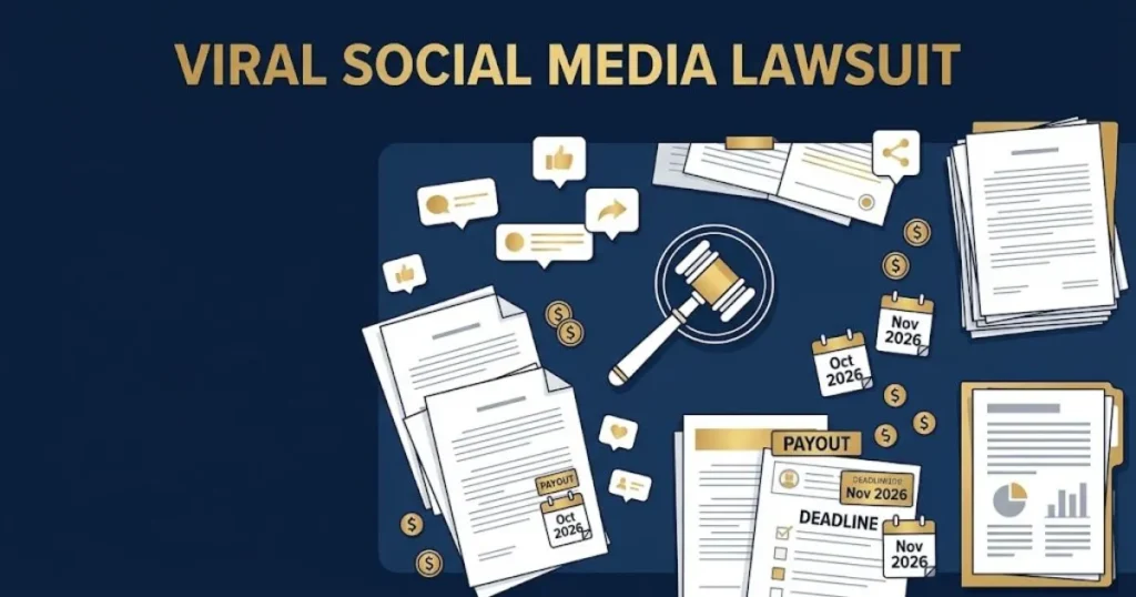Supporting graphic for viral social media lawsuit showing legal documents and settlement icons in navy and gold