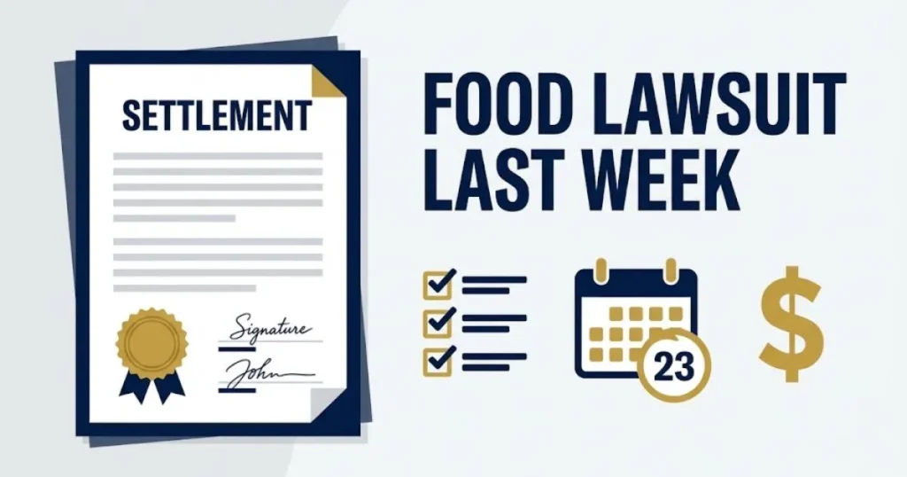 Supporting graphic showing food lawsuit last week title with settlement document and eligibility icons