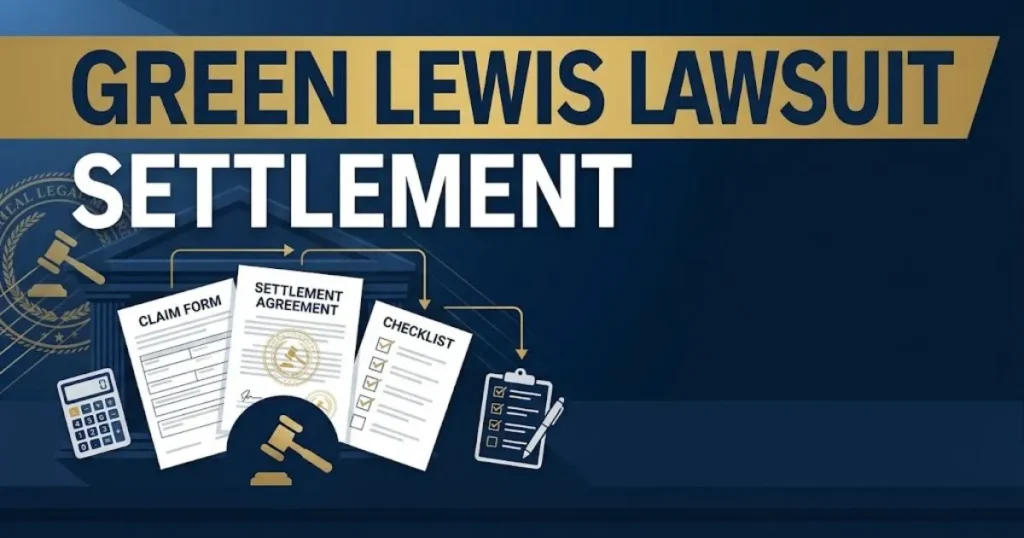 Supporting graphic showing green lewis lawsuit settlement documents and claims process icons