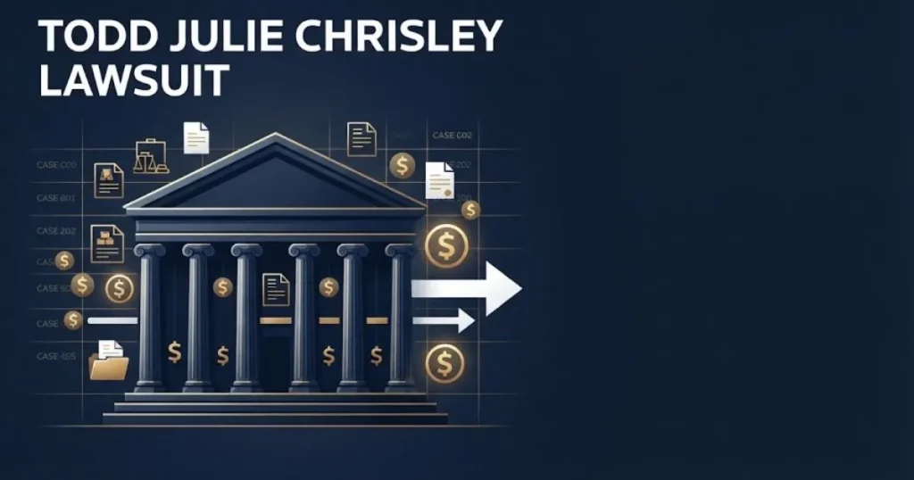 Supporting graphic showing todd julie chrisley lawsuit headline with stylized courthouse and financial document icons