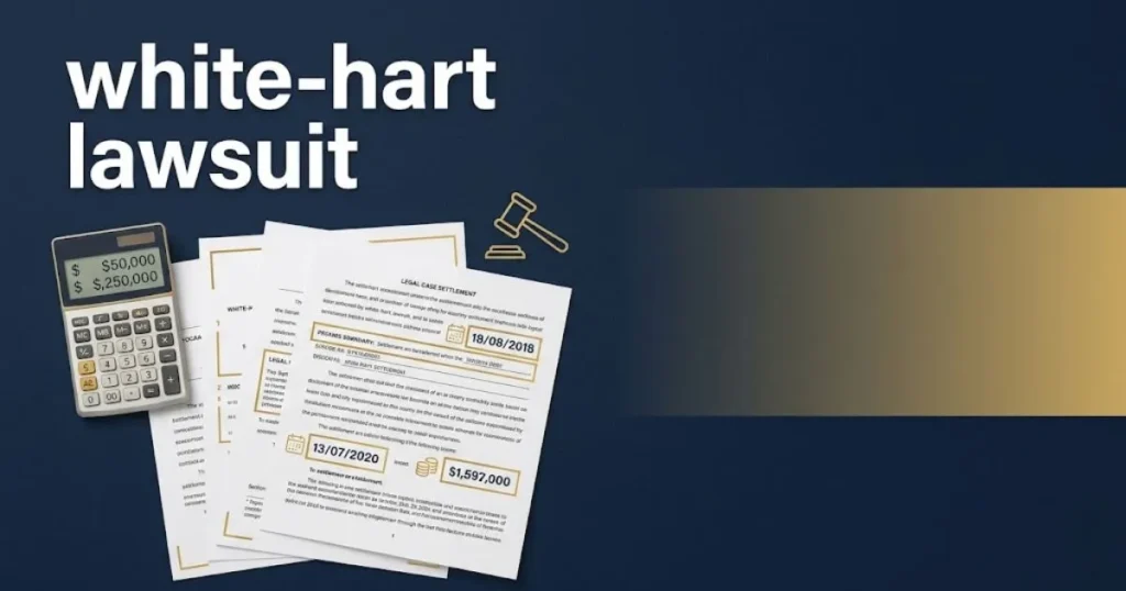 Supporting graphic showing white-hart lawsuit text over navy settlement documents and gavel with gold accents