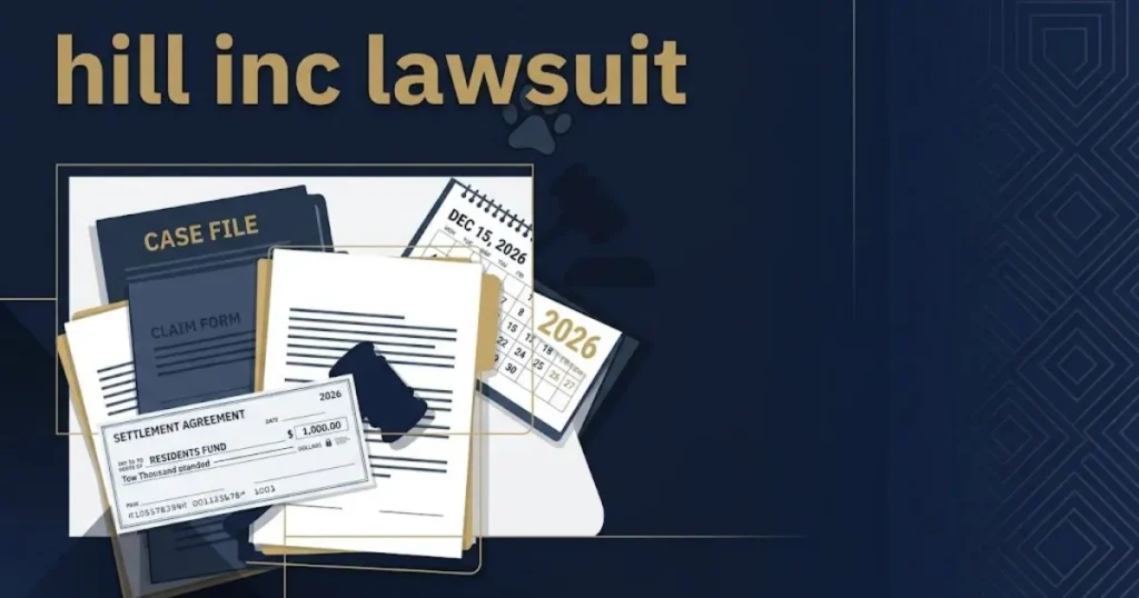 Supporting graphic with hill inc lawsuit text showing settlement check and 2026 calendar on navy desk background