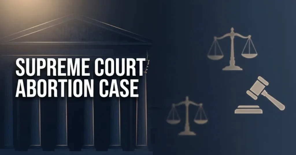 Supreme Court Abortion Case hero banner with stylized courthouse columns and scales of justice in navy and gold