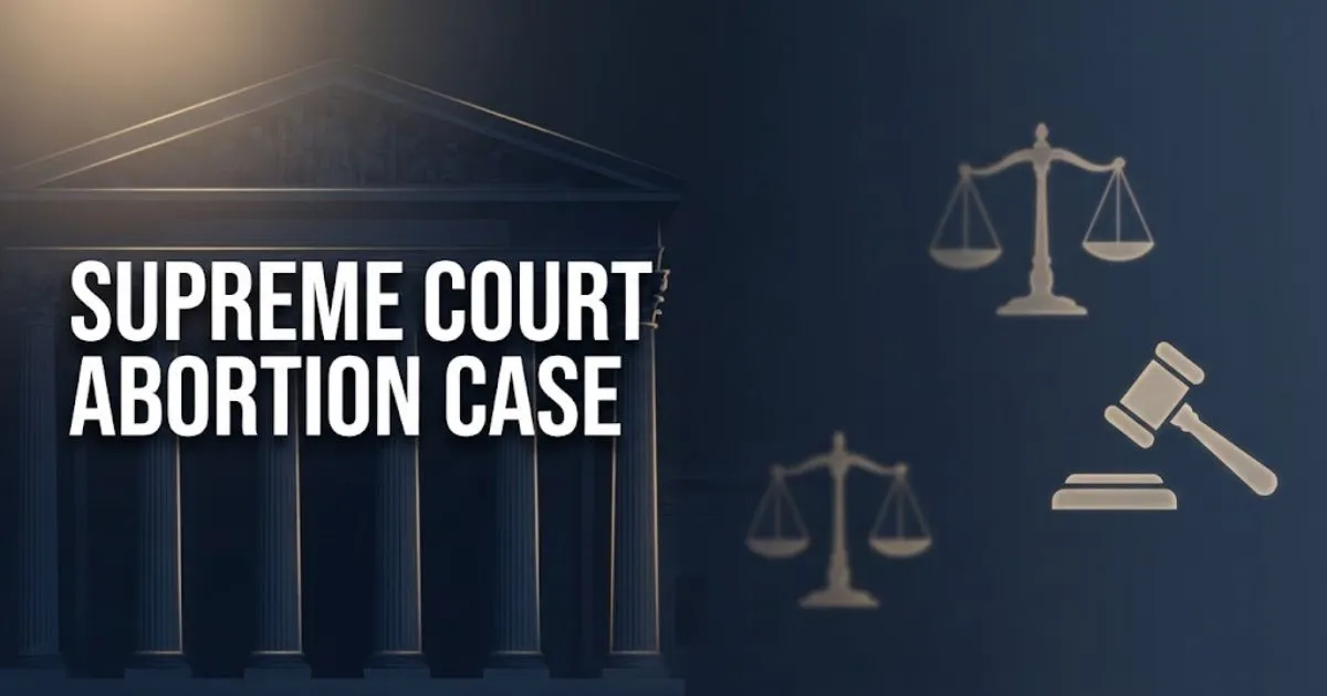 Supreme Court Abortion Case hero banner with stylized courthouse columns and scales of justice in navy and gold