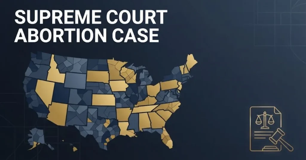 Supreme Court Abortion Case supporting graphic showing abstract US map tiles representing state abortion law patchwork