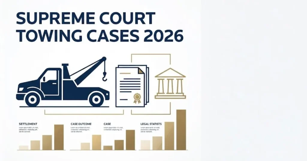 Supreme Court towing cases 2026 infographic with tow truck silhouette and legal documents in navy and gold