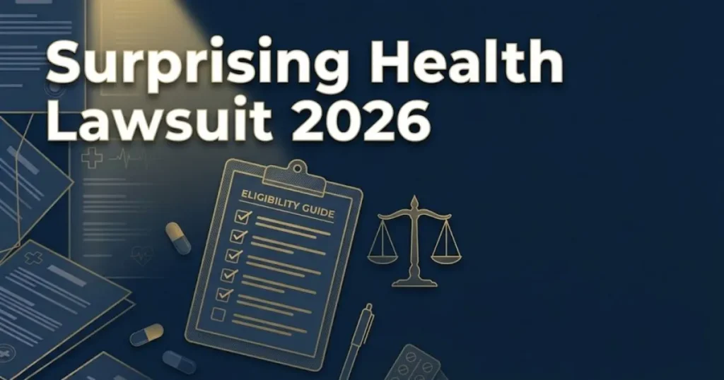 Surprising health lawsuit 2026 settlement graphic with legal documents and justice scale