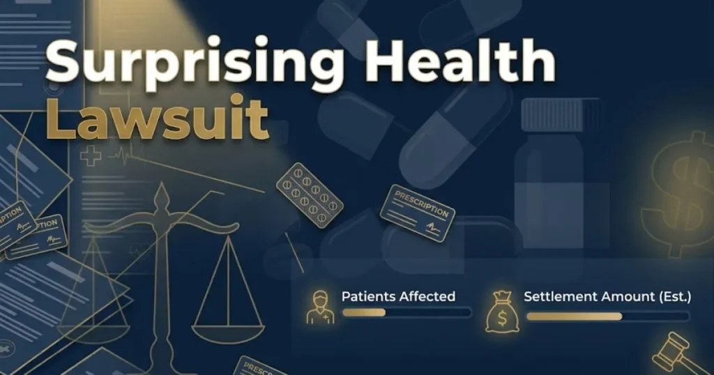 Surprising health lawsuit hero banner with pill capsules and gavel icon in navy and gold