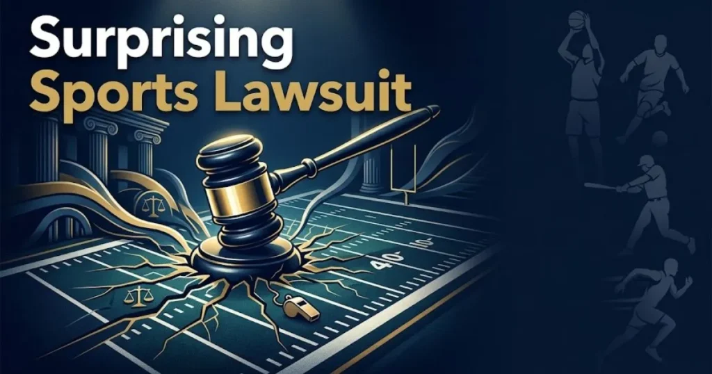 Surprising sports lawsuit banner with gavel on football field, navy and gold editorial design