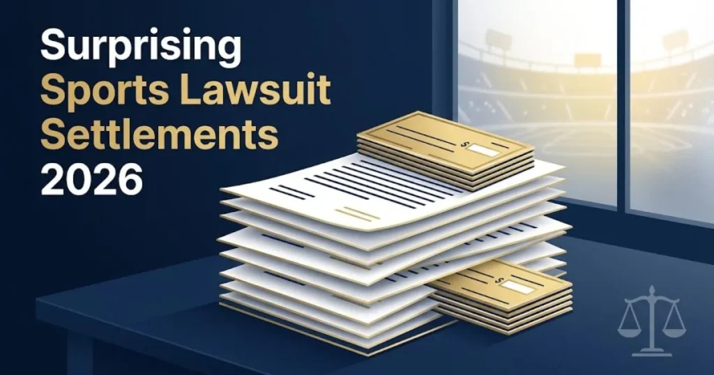 Surprising sports lawsuit settlements graphic with legal documents and stadium backdrop, navy gold design