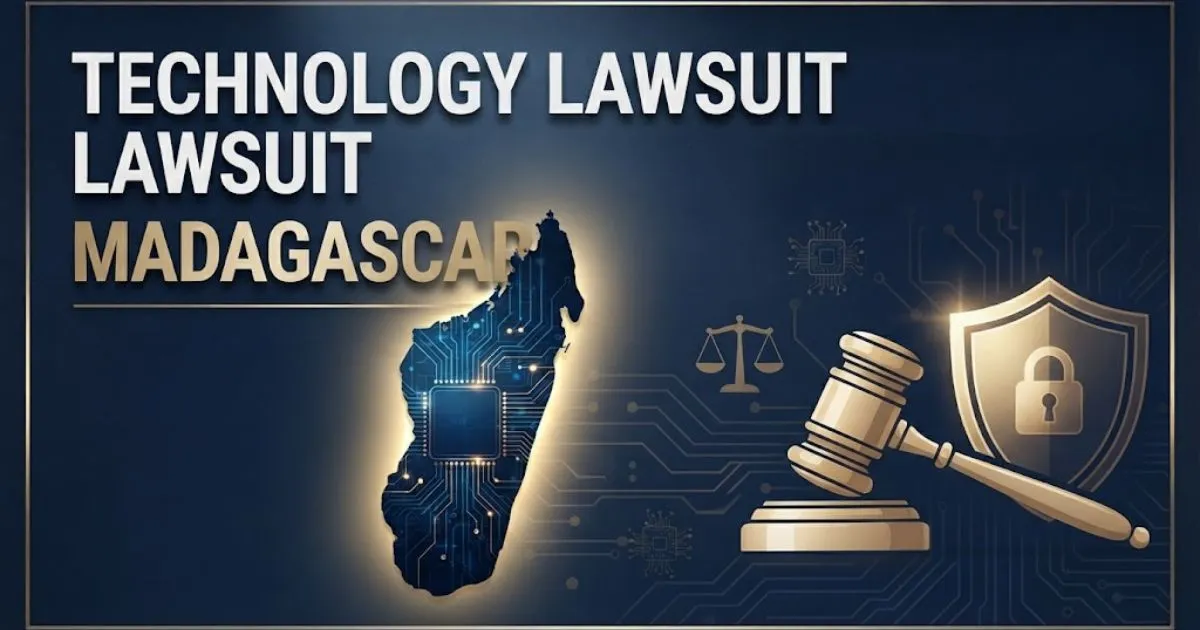 Technology lawsuit Madagascar hero banner with digital map and legal symbols in navy and gold