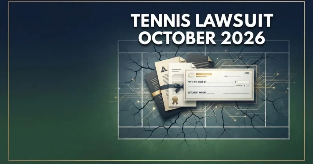 Tennis Lawsuit October 2026 graphic showing cracked court surface with settlement icons and navy gold design