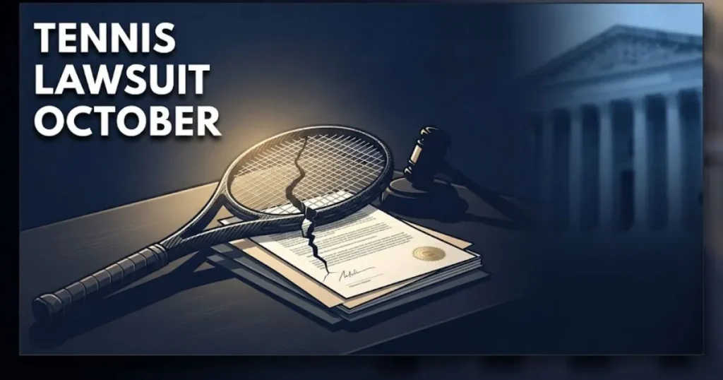 Tennis Lawsuit October banner showing cracked racket on legal documents with navy and gold editorial design