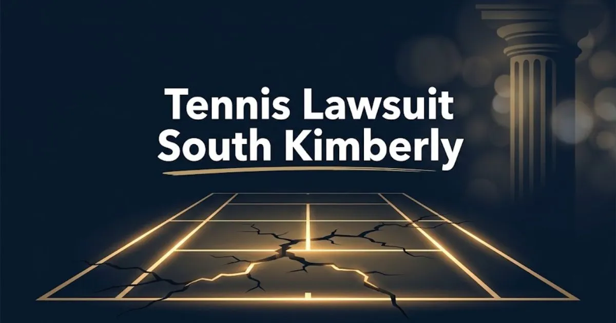Tennis lawsuit South Kimberly hero banner with cracked tennis court silhouette and legal theme in navy and gold