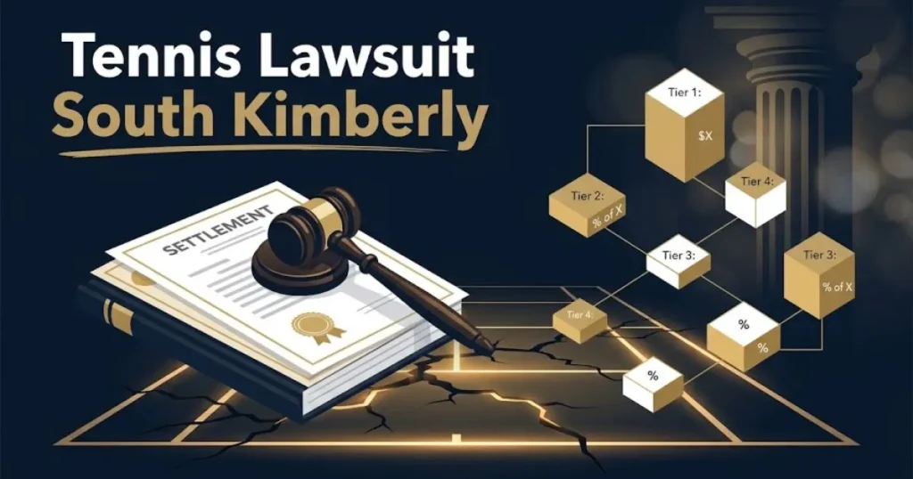 Tennis lawsuit South Kimberly settlement graphic with gavel icon and payout tier design in navy and gold