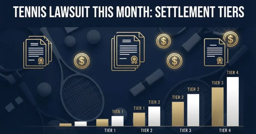 Tennis lawsuit this month settlement tiers graphic with tennis equipment silhouettes and compensation icons