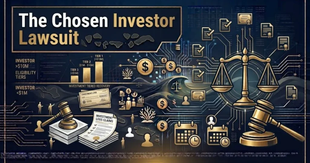 The Chosen Investor Lawsuit hero banner with courtroom silhouette and financial documents in navy and gold tones