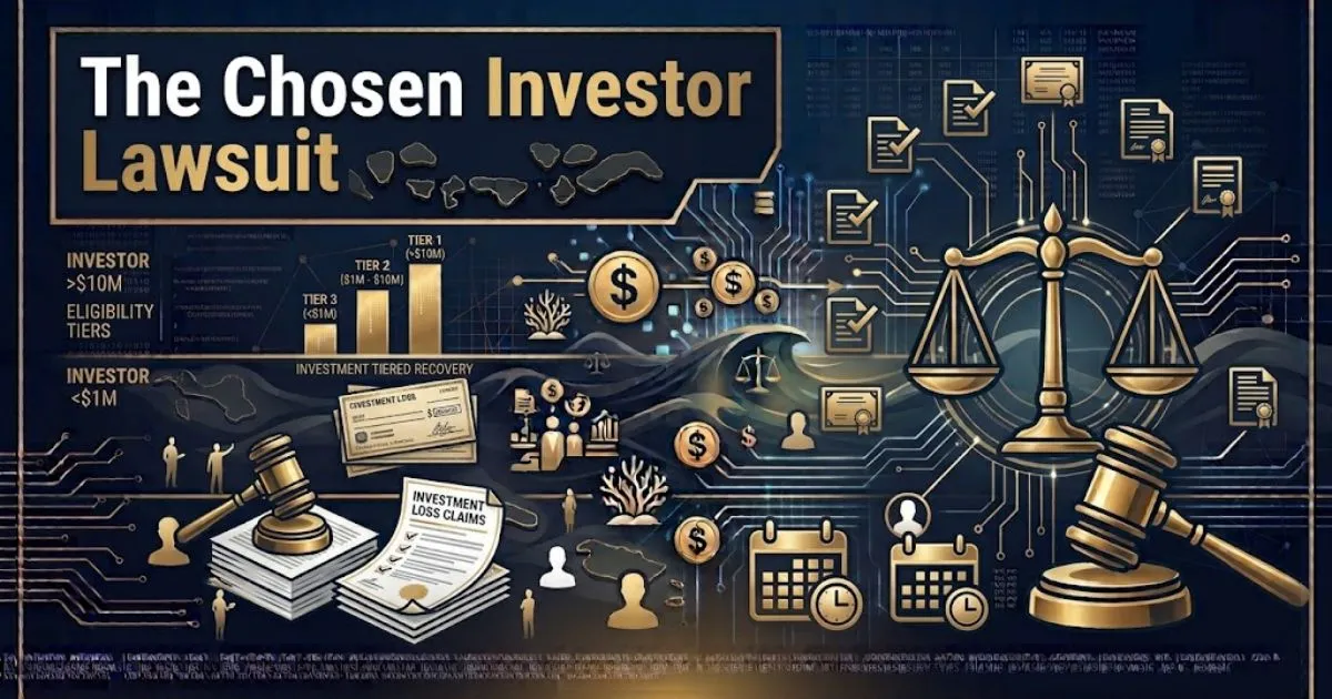 The Chosen Investor Lawsuit hero banner with courtroom silhouette and financial documents in navy and gold tones