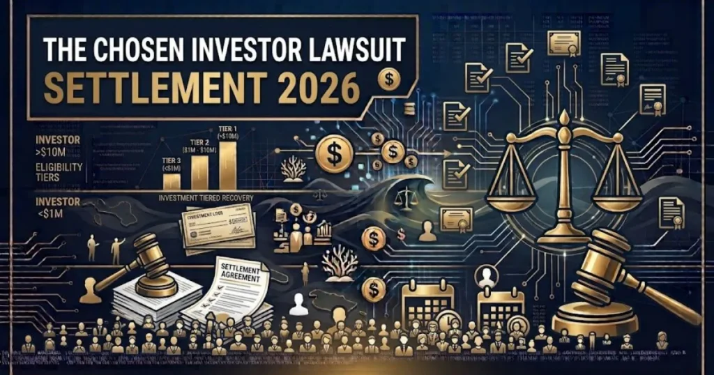 The Chosen Investor Lawsuit settlement graphic with financial documents and investor icons in navy and gold