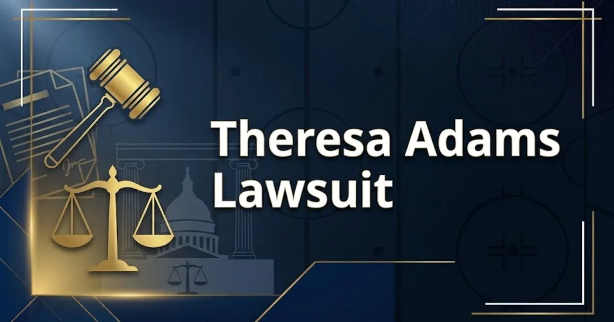 Theresa Adams Lawsuit hero banner with legal scales and gavel icons on navy background