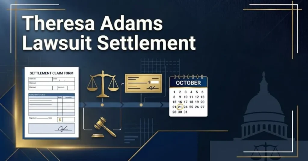 Theresa Adams Lawsuit settlement graphic with legal documents and deadline calendar on navy