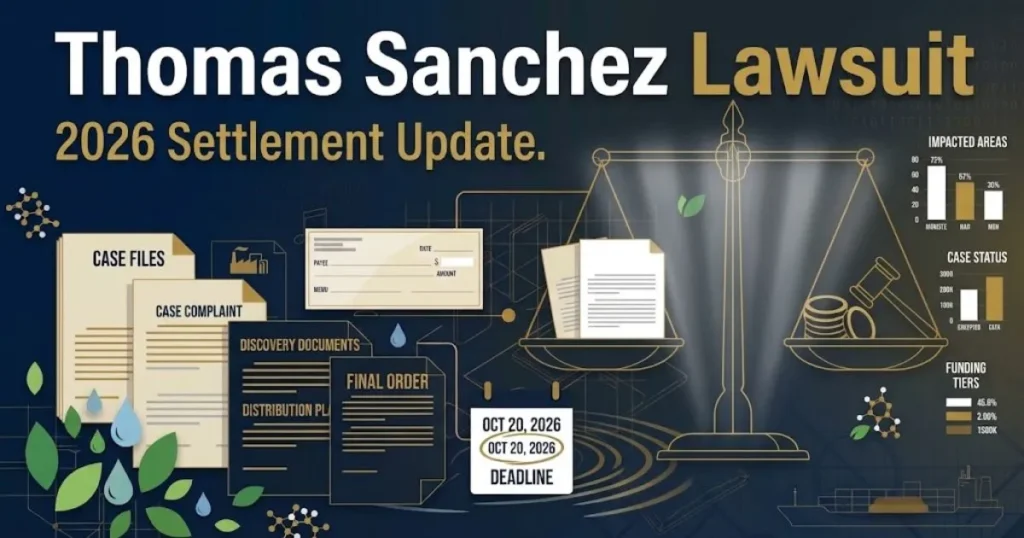 Thomas Sanchez Lawsuit 2026 settlement update banner with legal scales icon on navy background