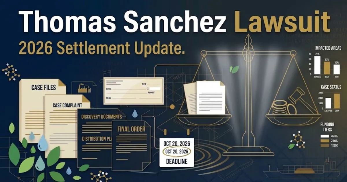 Thomas Sanchez Lawsuit 2026 settlement update banner with legal scales icon on navy background