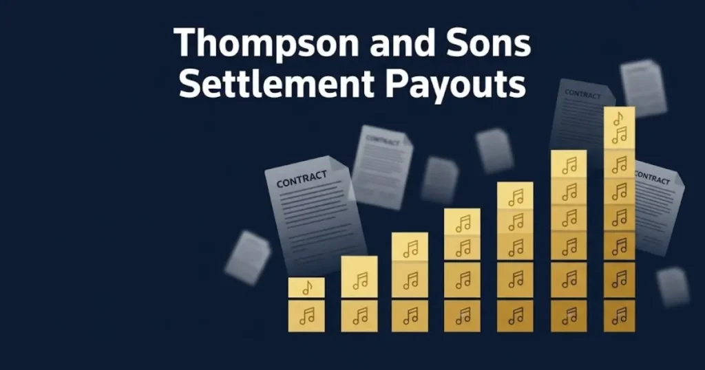 Thompson and Sons settlement payouts graphic with golden bar charts and musical notes on navy background