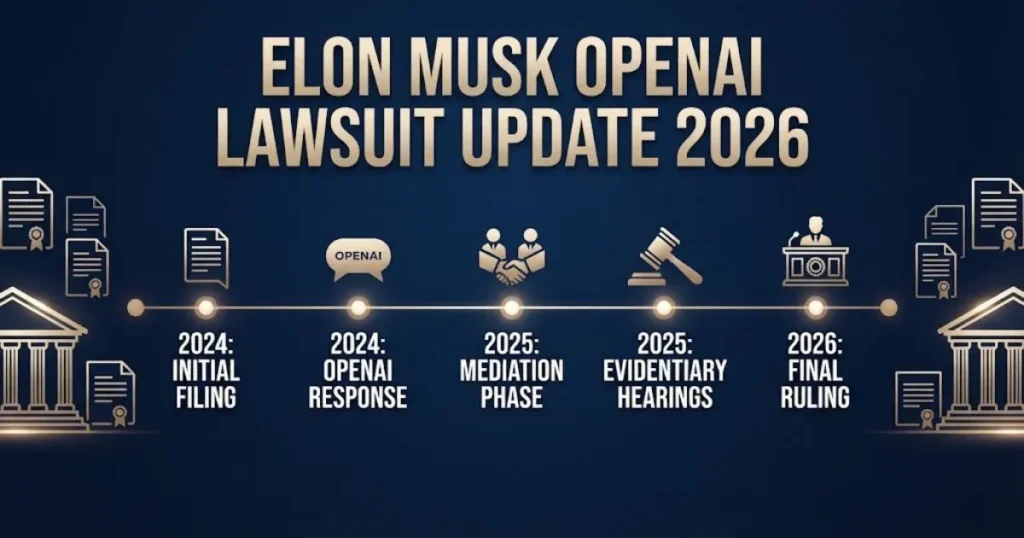 Timeline graphic with elon musk openai lawsuit update 2026 title showing key court dates from 2024 to 2026 in navy and gold