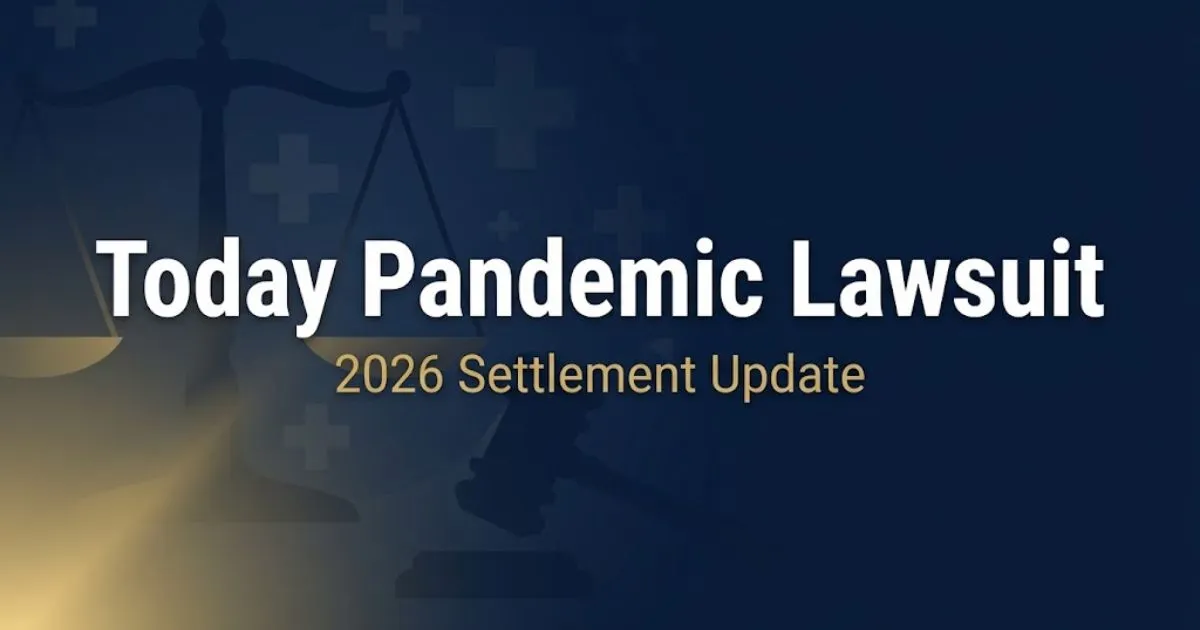 Today pandemic lawsuit hero banner with legal scales and settlement update text on navy background