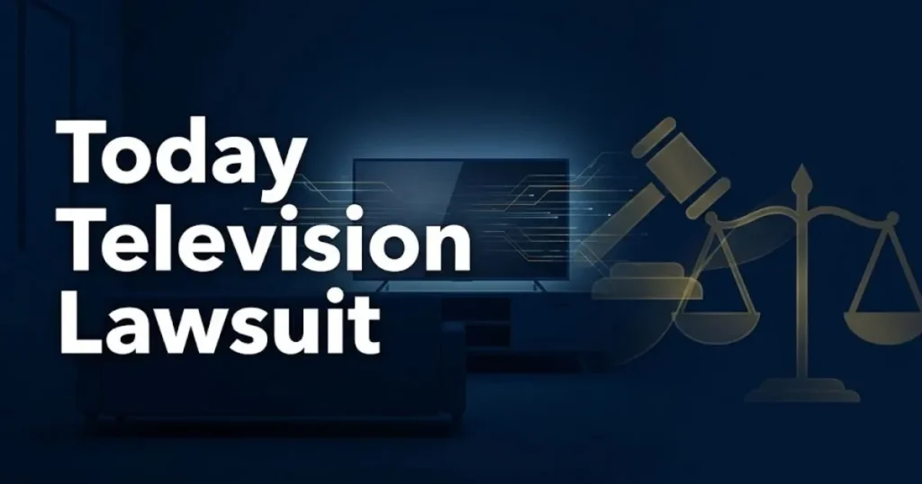 Today television lawsuit hero banner with smart TV data privacy theme in navy and gold