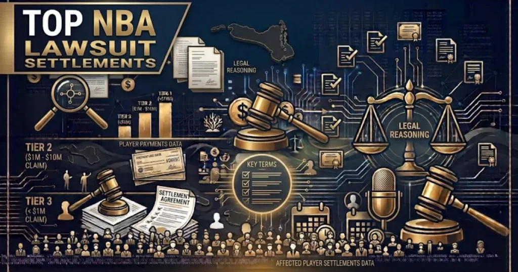 Top NBA Lawsuit Settlements graphic with legal documents and basketball icons in navy gold