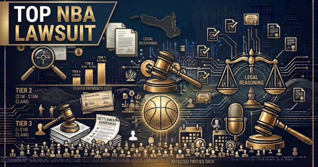 Top NBA Lawsuit hero banner with basketball court and gavel silhouette in navy and gold