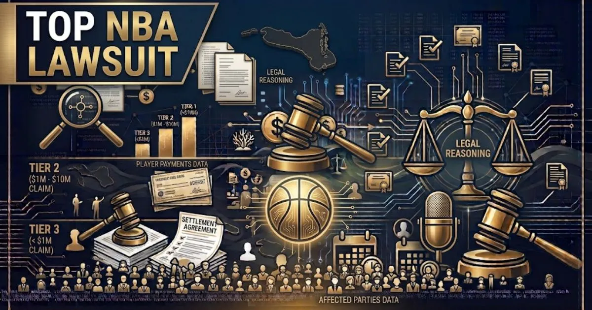 Top NBA Lawsuit hero banner with basketball court and gavel silhouette in navy and gold