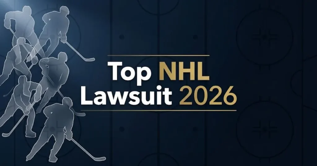 Top NHL lawsuit 2026 hero banner with hockey player silhouettes and legal theme on navy background
