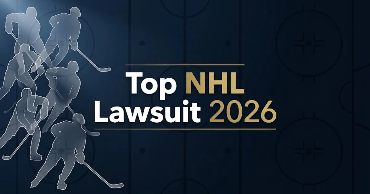 Top NHL lawsuit 2026 hero banner with hockey player silhouettes and legal theme on navy background