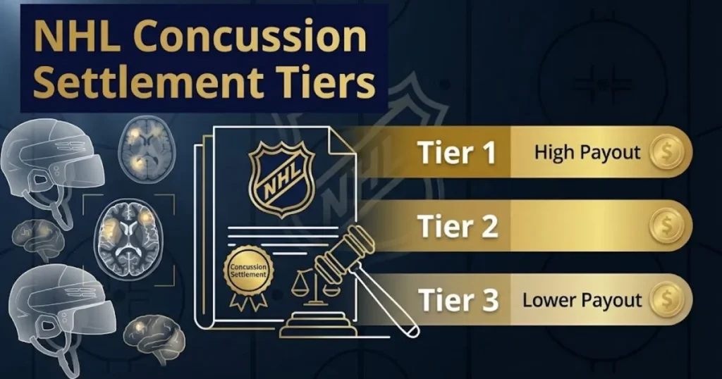 Top NHL lawsuit settlement tiers graphic showing payout levels with legal and hockey imagery