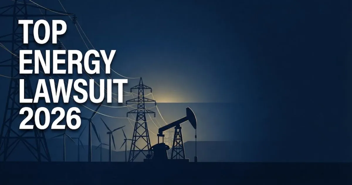 Top energy lawsuit 2026 banner with power grid silhouettes and bold white headline on navy background