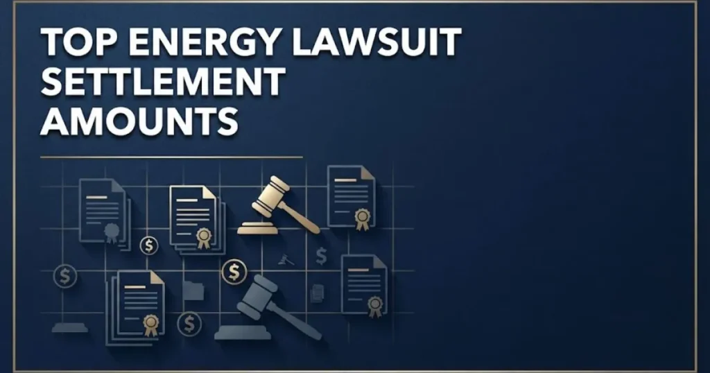 Top energy lawsuit settlement amounts graphic with legal icons and document silhouettes on navy background