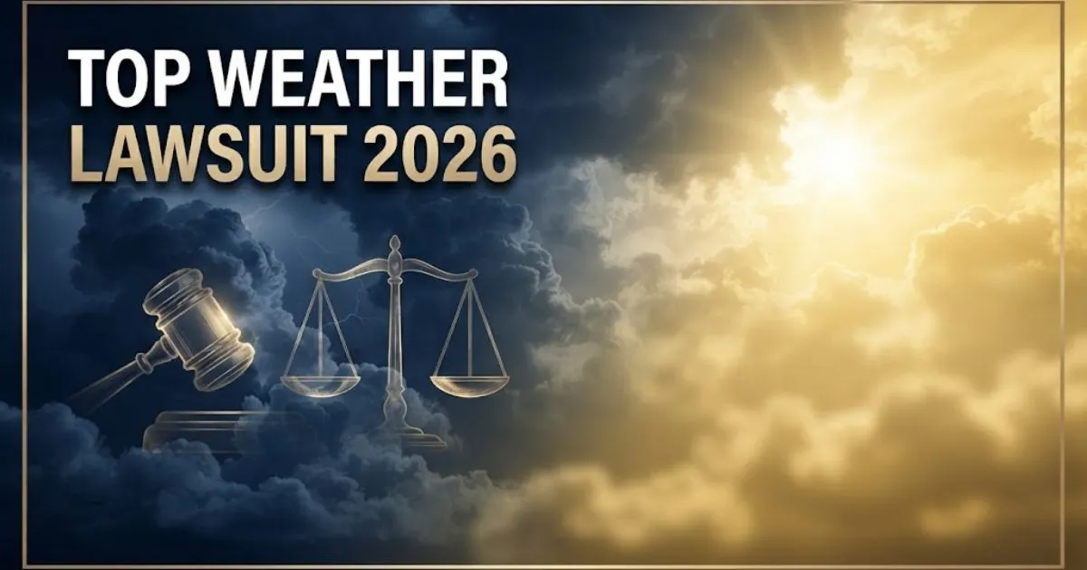 Top weather lawsuit 2026 hero banner with storm clouds, gavel silhouette, and gold legal scales on navy background
